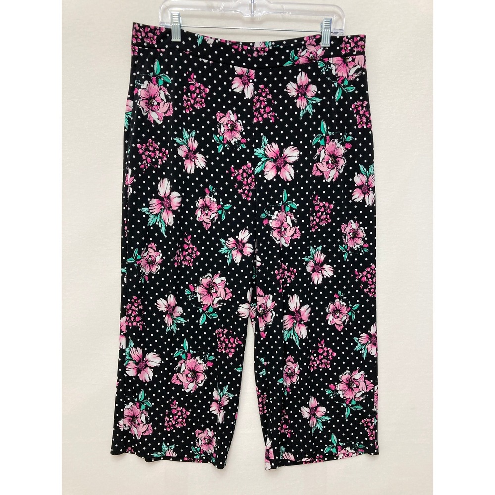Susan Graver Crop Pants Large Black Floral Polka Dot Wide Leg Pockets